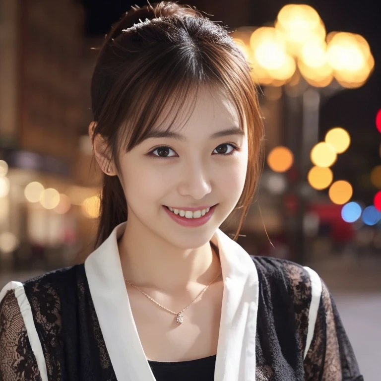 (highest quality, masterpiece:1.3, ultra high resolution), (Super detailed, caustics, 8k), (photorealistic:1.4, RAW shooting), 1 girl, (look at the camera with a smile), 20-year-old, cute, Japanese, gradient hair color, Wolf Bob Kat hairstyle, ponytail hairstyle, Natural lips, ((red scarf, maxi dress)), cleavage, Modern Place Background, bust up shot, face focus, Natural light, Backlight, (A bright light shines from above), (Lens flare), professional writing, perfect bodies, perfect arms, Perfect fingers, perfect legs, perfect hair, pores, Realistic skin texture, perfect teeth, (low position), (Low - Angle)