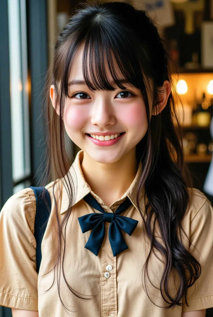 (Beautiful 14 year old Japanese female), cute face, (deeply carved face:0.7), (freckles:0.6), soft light,healthy white skin, shy, (serious face), (sparkling eyes), thin, smile, uniform