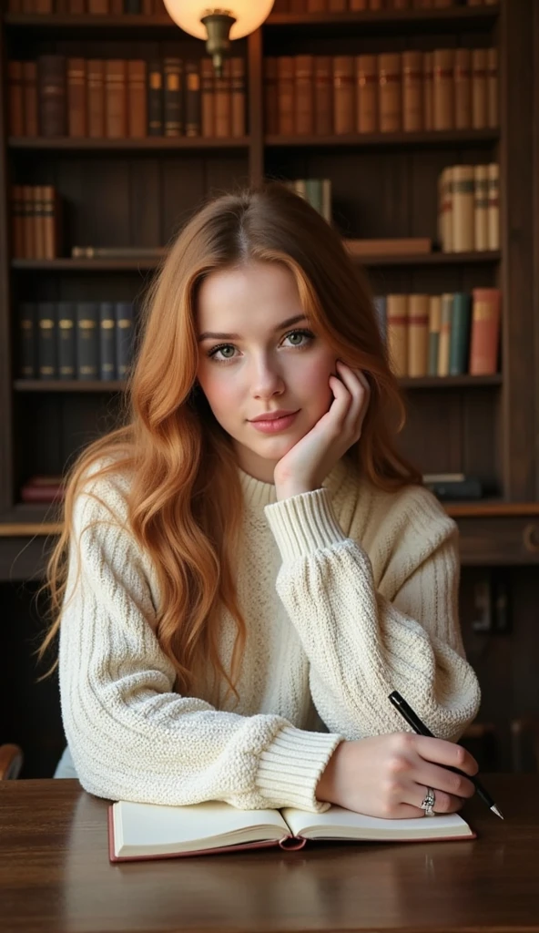 ((best quality)), ((masterpiece)), (detailed), perfect face, young skinny girl, ((red hair)), green eyes, wavy long hair, reading book, hoodie, ginger hair, flowing ginger hair, freckles, redhead girl,