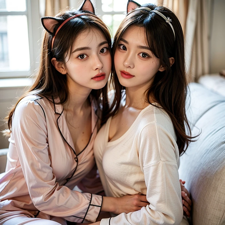 Two girls with fur ears, beautiful detailed eyes, and lips, look at each other, express affectionate gazes, share a tender kiss, sit on a cozy bed covered with a soft blanket, surrounded by warm and inviting atmosphere. The room is illuminated by natural lighting, allowing the sunlight to gently penetrate through the window, casting a soft glow on the scene. The girls are wearing adorable knitted sweaters, adding a touch of coziness to the setting. The fur ears on their heads give them a whimsical and playful appearance.

The image quality is of the highest standards, with a resolution of 4k or 8k. Every detail is meticulously rendered, capturing the fine texture of their fur ears, the intricate patterns on their sweaters, and the delicate features of their faces. The colors are vivid and vibrant, adding life to the image. The lighting emphasizes the natural beauty of the scene, creating a warm and inviting ambiance.

The art style is photorealistic, capturing the girls' features and expressions with utmost realism. It brings the characters to life, making them appear as if they could step out of the image. The overall color tone is warm and comforting, evoking a sense of intimacy and tenderness.

This prompt is designed to generate a high-quality image of two girls with fur ears, showcasing their affection towards each other. The realistic rendering, natural lighting, and attention to detail will ensure a masterpiece that captures the beauty and warmth of this moment.