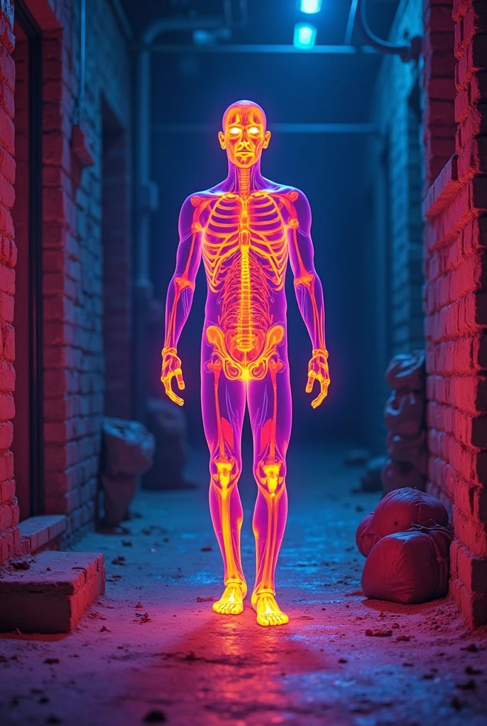 Spiderman, upper body shown in front view, with his left shoulder shown as X ray image, more details on the X ray image showing all the bones muscles and tendons of the shoulder, background in a X ray imaging room, do not tilt his body, one side of shoulder spotlighted in red light, do not show below waist
