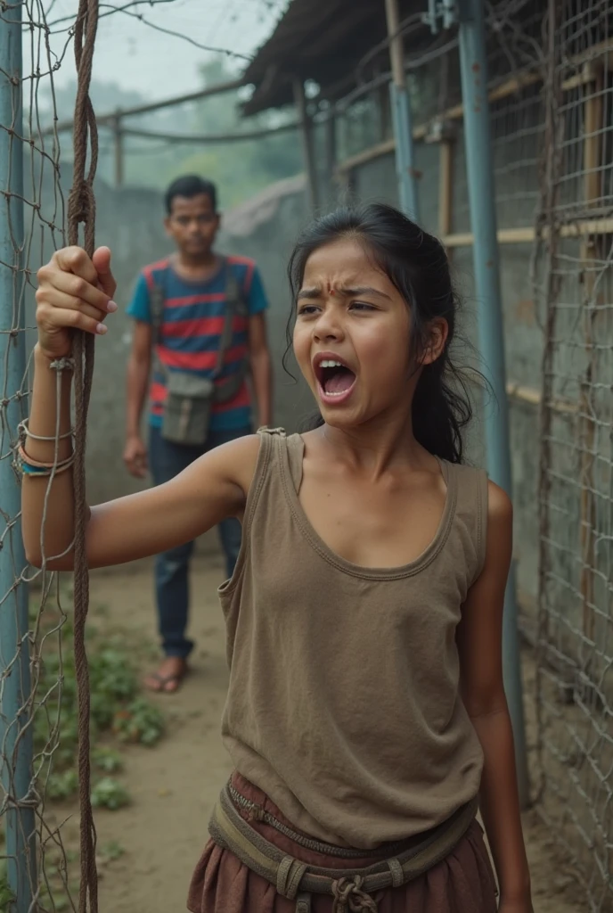 13 year old girl with medium length black hair, children's pigtails hair, Indian facial structure, cry expression, tears running down her cheeks, she wearing a blue sheer evening dress, bare shoulders, visible nipples, marked nipples, she in a dark forest, full body view
