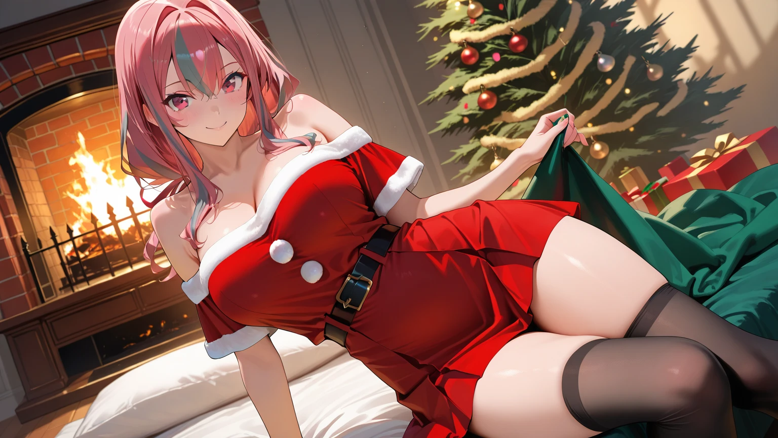 one-girl，soio，170cm height，45CM bust，A pink-haired，Purple eye，the night，gentleness，ssmile， Extremely detailed, Wearing miniskirt Santa Claus costume, Santa Claus costume with warm fur,In the bedroom，((lacepantyhose))，black glove，With bare arms，mitsukasa ayase