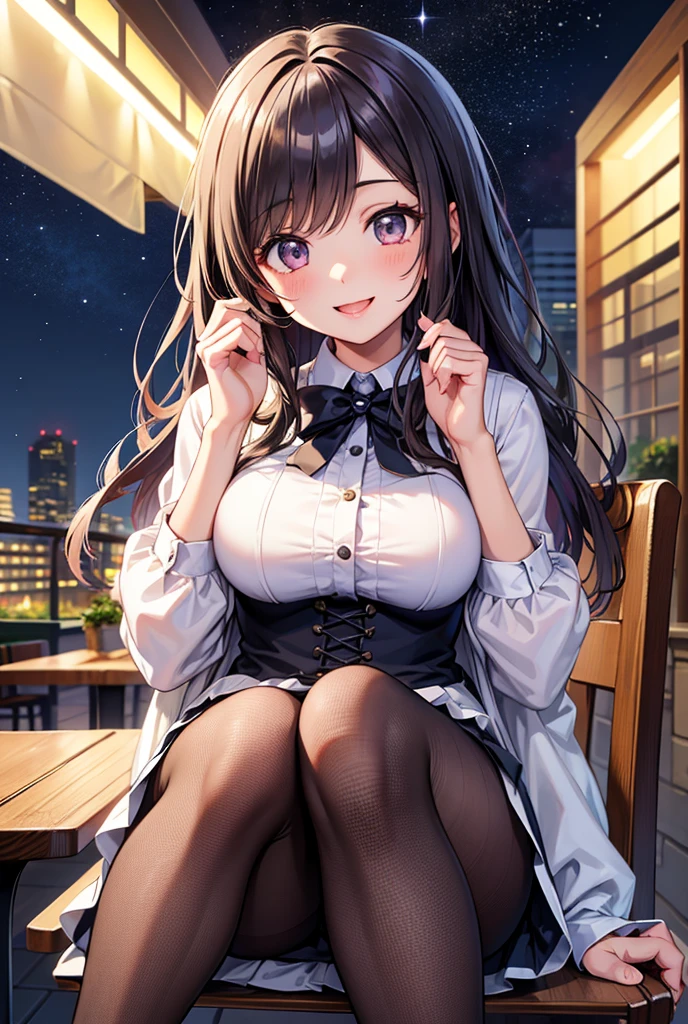 masterpiece, best quality, nsfw,
1girl, from above, sitting, cleavage,
lift up the pleated skirt, sailor suit, white panties, brown hair, evil smile, peace sign,
downtown area, night,