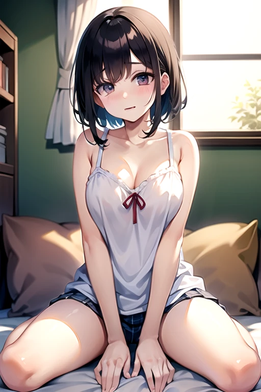 1girl, happy, sexy pause,(with sparkling eyes and a contagious smile:0.9),masterpiece, highest quality, One girl, one time, Toned Up, Dark Skin, ponytail, Topknot, nude, View your viewers, Imminent Invasion, Lying in bed, (Pussy), behind, Spread your legs,, pose muy sexy,Bed sheets background