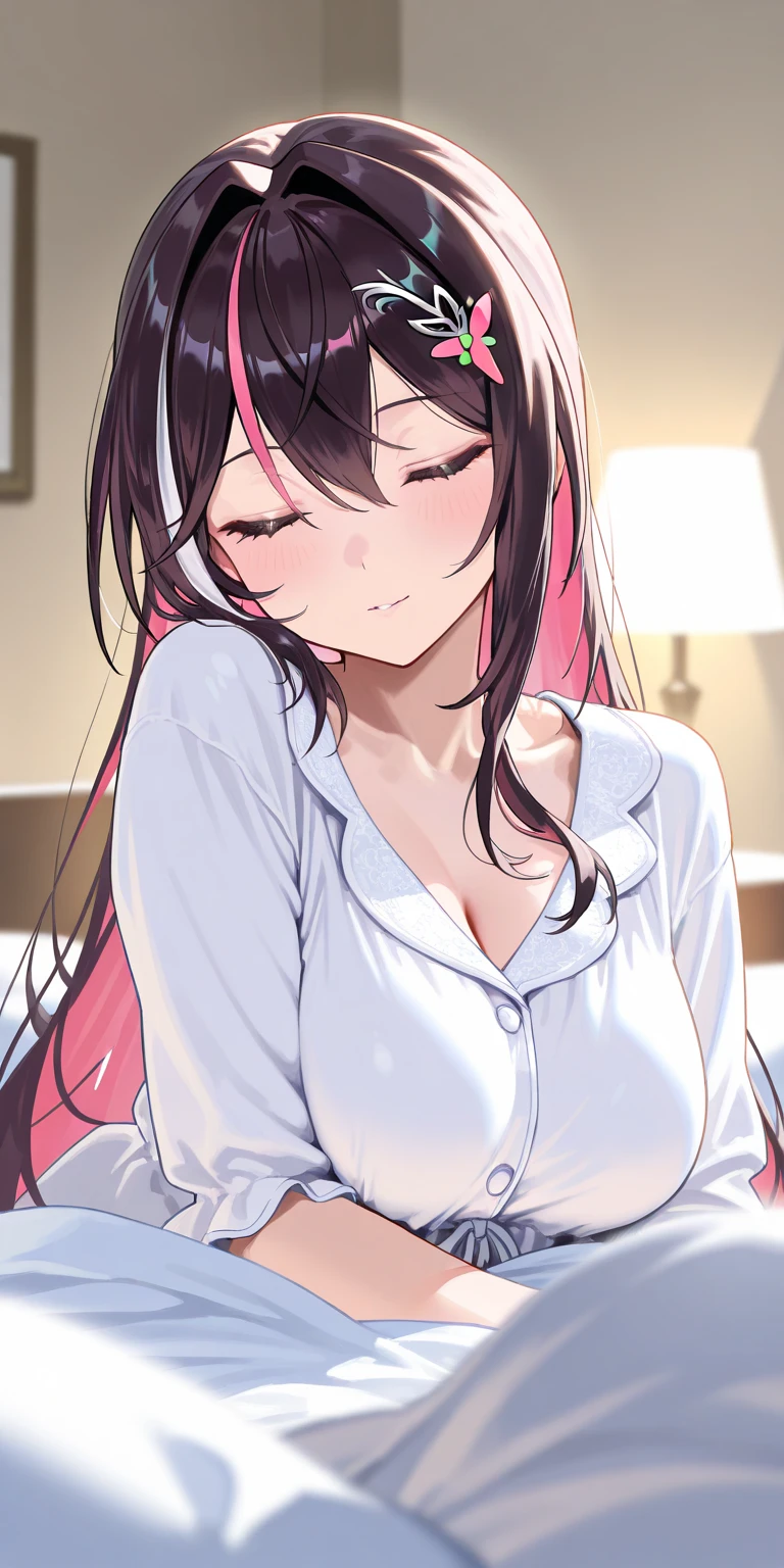 (best quality:1.1), (Masterpiece:1.2), hot lady, long hair, black hair, Hair bow, ถักเปีย, pink eyes, ((beautiful breasts:1.3)),  beautiful, cute, Bright face, Good mood, ((pajamas dress)), ((very wet 💦💦💦)), ปากอมชมพู, ยิ้ม, ((เขินอาย,หน้าแดงแป๊ด)) ((bedroom)), ((sfw)), ((เย้ายวน:1.5)), collarbone, ((Highest quality, Best Performance, Maximum details, Light and shadow details:1.2, 4k details))