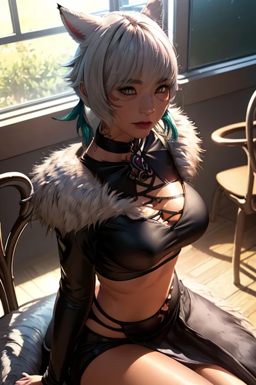 best quality, fnafroxanne, furry female, body fur, makeup, wolf ears, wolf tail, crop top, big breasts, purple lipstick, collar, spikes, jewelry, ear piercing, bracelet, yellow eyes, detailed eyes, 3DMM, gray hair, green hair, huge tits, (nsfw 5), ahegao