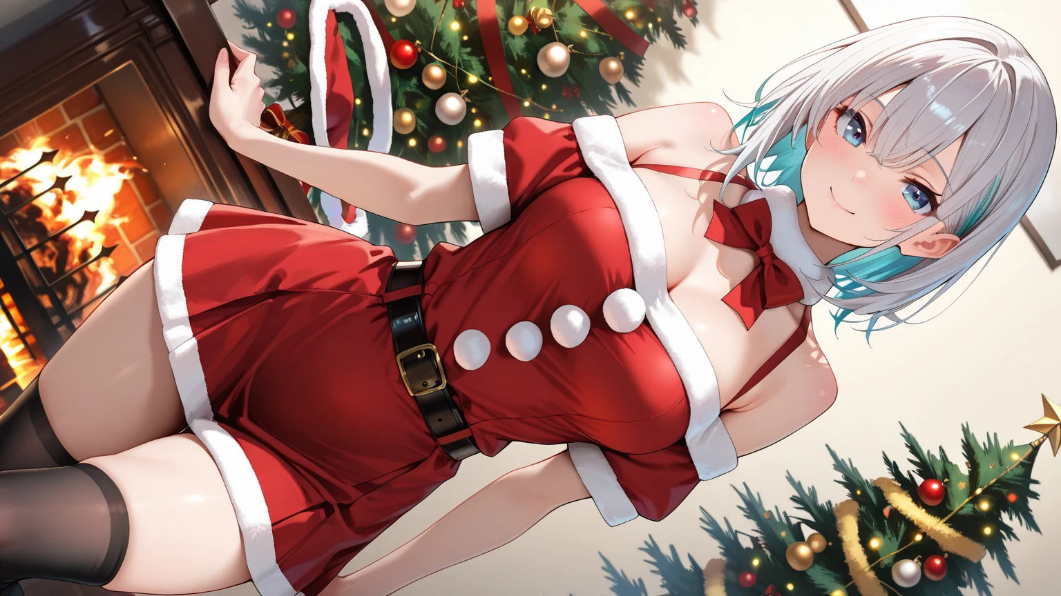 a girl lying in a pile of cookies and milk, close up, off center, (((1girl))), short stature, slender body, pale white skin, ((short white hair)), icy eyes, rosy cheeks, slightly androgynous, small breasts, Santa hat, (((wrapped in ribbon))), bell collar, mistletoe, ornament earrings, youth, ((milk)), pile of cookies, ((cookies)), splash of milk, ((massive stack of cookies fills the background))