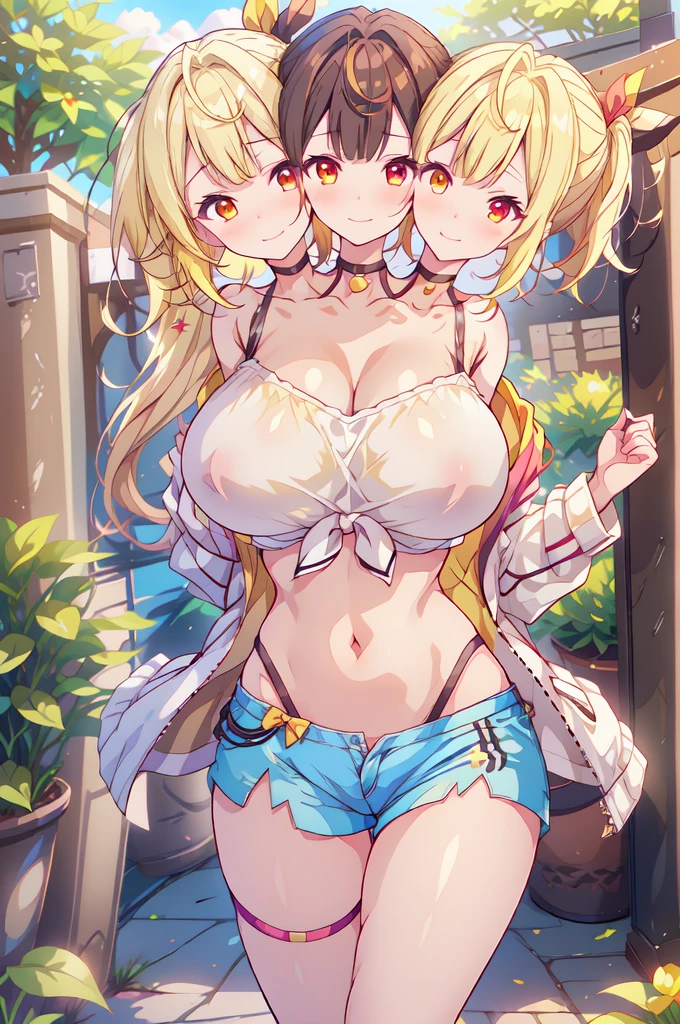 (masterpiece, best quality), best quality, (ultra-detailed), ((3heads:1.5)), 1girl, (ellen (touhou):1.3), masterpiece, best quality, ultra quality, ultra resolution, ultra detail, red top, crop top, ((stomach)), midriff, ((groin)), red skirt, normal ears, shackles, blonde hair, very long hair, wavy hair, sidelocks, green eyes, parted lips, open belly, sweat, cute, toned belly, hand on own chest, eyelashes, (24 year old woman:1.3), (masterpiece:1.5), (best quality:1.5), (beautiful detailed, extremely detailed CG, extremely delicate and beautiful, depth of field, (finely detailed face), (perfect details:1.3), (mature female:1.4), wide pelvis, slender, large veiny breast, 16k resolution, highres, high quality, high definition, extremely detailed, masterpiece, best quality, blonde hair, long hair, alluring presence, braid, short skirt, close up, very big tits, huge breasts, young, hairband, red hairband, waist apron, girl with three heads, three headed girl, ((blonde)),