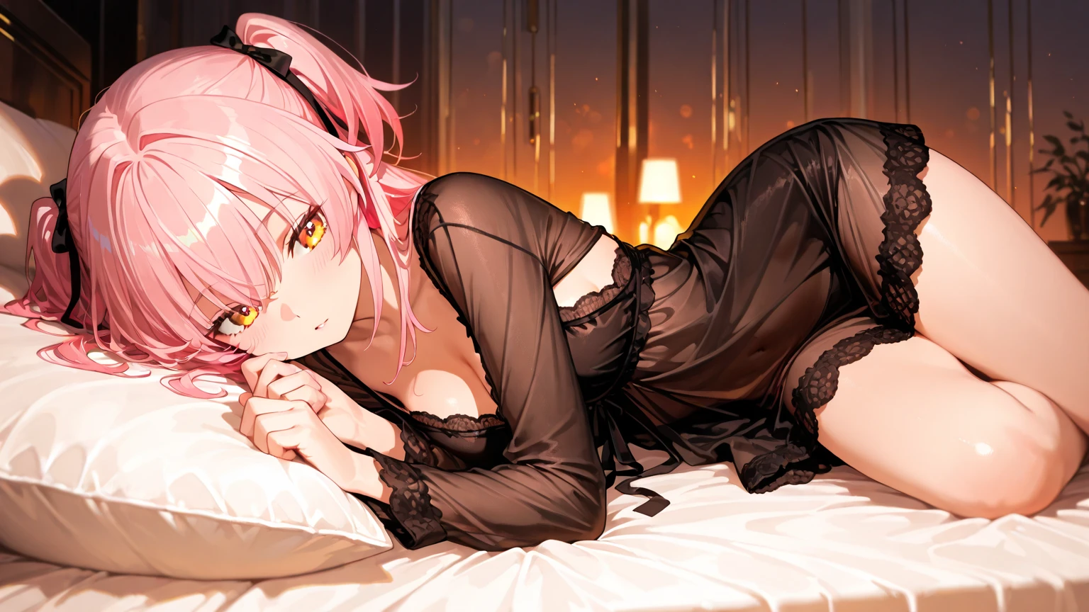 6 girls, view from below, pink red hair, braided pony going over the shoulder, stern yellow eyes, smirk, ( large breasts, lactation), black laced lingerie, sitting on the bed