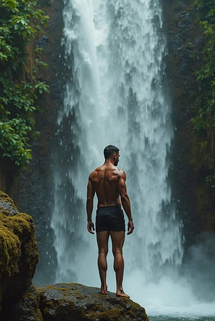 Handsome sexy Man bathing under water falling from a waterfall. Side view. Crystal clear water. Hyper-detailed. High quality. 8k