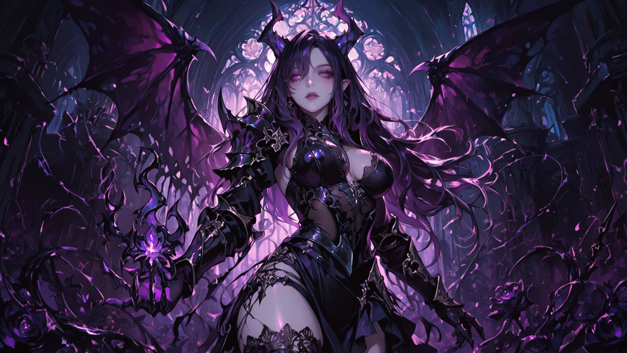 Esoteric arachnids lady, Spider Queen Elise, League of Legends, Esoteric arachnids, Combat Stance, ( The body is made of metallic mauve and metallic black liquid metallic paint.、It beautifully depicts the female form.。), Long, sharp fangs, nature, ((Complex metallic colors in the foreground)), (( Fluid Mechanics, The most beautiful smooth scale face makeup, Smirking expression)) - Dark blood, Onyxia、Noir painting of a beautiful young witch, Long purple hair, dark purple lips, evil, evil female, smile, Black Prom Dress, She is coming to you, close, Bright Blue Eyes, Surrounded by swirling pink smoke, Genuine, High detail, Highest quality