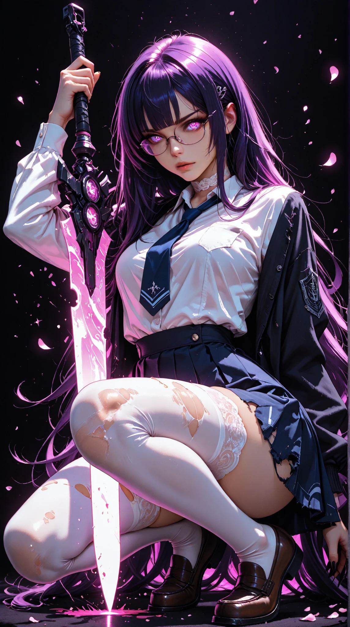 1 woman, vaginal Tentacle sex, young woman, small breasts, purple hair, long hair, messy hair, she is on her hands and knees, eyes closed, tentacle up skirt, glasses, white knee socks, open white shirt, red tie, leather skirt, open mouth, smile, no bra, no panties, hard nipples, facing the viewer