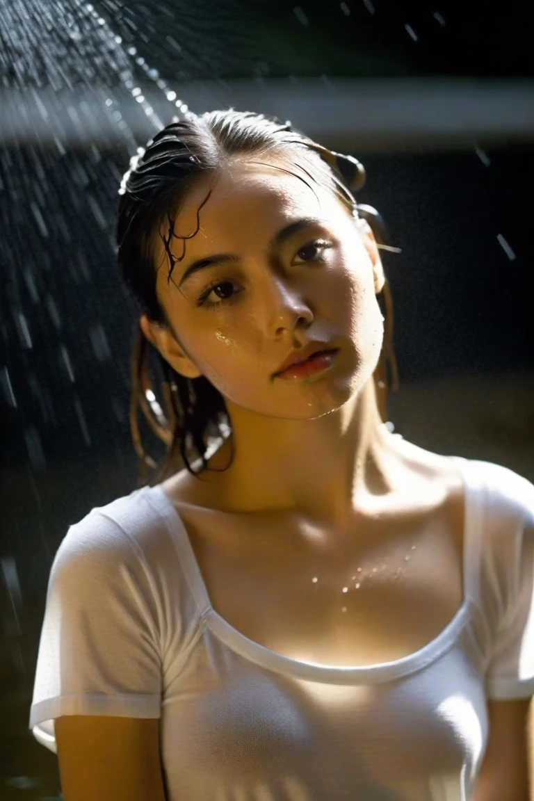 Best picture quality, masterpiece, ultra high resolution, (fidelity :1.4), photo, 1 girl,[(sadness)],white shirt, Dim, dark, desperate, pitying, pitiful, cinematic,tear,teardrop,(Torn clothes:1.5), (Wet clothes:1.4), bare shoulders,Real rain,wet hair,..