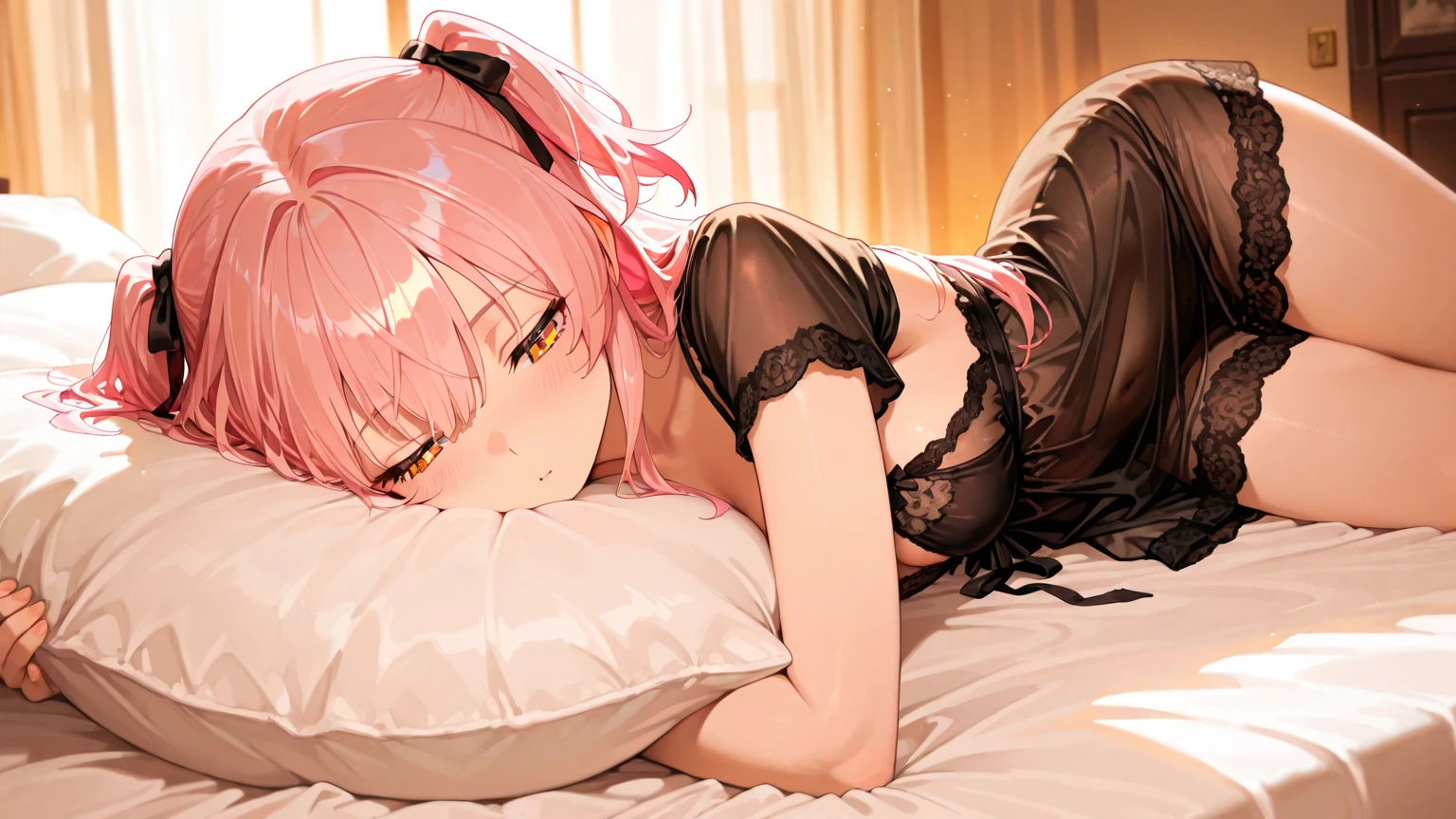 old Chinese building,night chinese background, alone,a girl,Height 170cm,Bust 45CM,Medium long pink hair,purple eyelack underwear,night,gentle,ssmile, ((black pantyhose)),indoors,on top of bed,(((Wearing bare armband gloveare arms,grid light shade