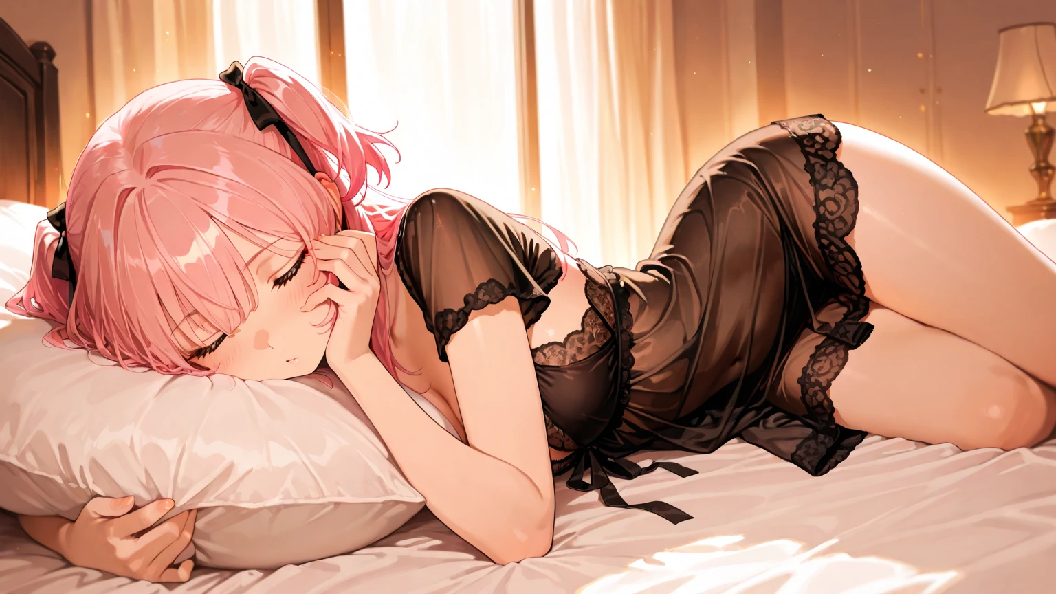 (masterpiece, best quality), super high resolution, (Top Quality photorealistic Illustration), (Super Definition), (cute illustration:1.3), (high Saturation:1.2), detailed beautiful face and eyes, very detailed background, dynamic lighting, (an extremely delicate and beautiful), nice hands, perfect hands, (appropriate posture), (appropriate configuration), ideal ratio body proportions, ((1girl)), solo, (all fours), (front view:1.2), from below, dynamic angle, (close-up upper body), in the royal bedroom, luxury canopy bed, tapestries and artworks, (night:1.3), BREAK, (manga style),(line art_animation),(cowboy shot, best quality, ),(photo of Laura Budd:1.2),(Laura adding details:1.0),8k, flat color:0.8,1 girl,smiling,(white babydoll, bedroom background,1.5),bob cut dark pink hair, beautiful detailed pink eyes, junior high school student, saliva, all fours, collar, leash collar,medium breasts, blindfold, orgasm face, sexual climax, glamorous,Big Breasts