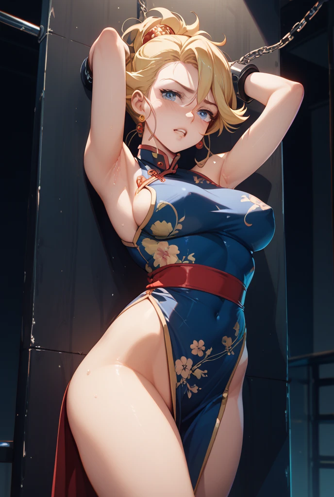 ai hayasaka, bangs, blue eyes, blonde hair, hair ornament, hair between eyes, sidelocks, side ponytail, scrunchie, hair scrunchie, blue scrunchie, (masterpiece, highest quality, best quality, official art, beautiful and aesthetic: 1.2), (1girl), extremely detailed, (fractal art: 1.3), colorful, highest detailed, perfect face, upper body, HDR, bright colors, standing, breast focus, breasts, huge breasts, bare breasts, boob window, sexy, wide hips, thick figure, Detailed face, Detailed eyes, perfect face, perfect eyes, sexy clothing, breast window, (full body),