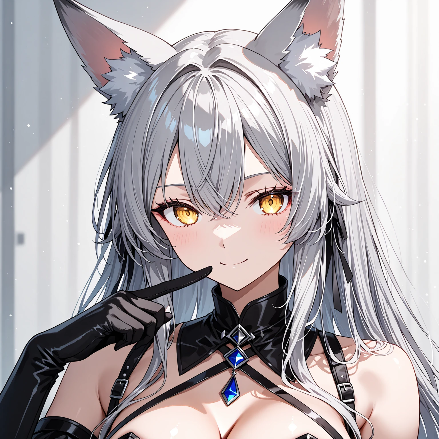 White hair, white and yellow cloth, red eyes, black long gloves, blue eyes, ponytail, illustration, multicolored, from below, armpits, highly detailed body, girl, woman, mature, 30 years old, unusually long hair , spiked hair, tearful bangs, hair pulled back, twin braids, side locks, white and black hair, flowing hair, antenna hair, beautiful face, fox ears, arms behind, delicate hands, big breasts, wet skin