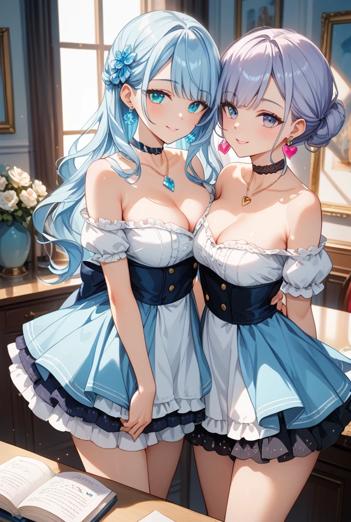 duo A beautiful woman with short silver hair and blue eyes Beautiful woman with pastel purple wavy long hair knit hat snow