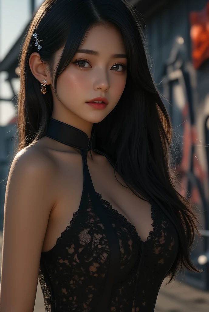 Best quality, masterpiece, super high resolution, (realistic: 1.4), original photo, (evening street), 1 girl, dark eyes, looking at the audience, long hair, light makeup, lips, small ears, sports bras, earrings, sitting Ferrari, big breasts, slim