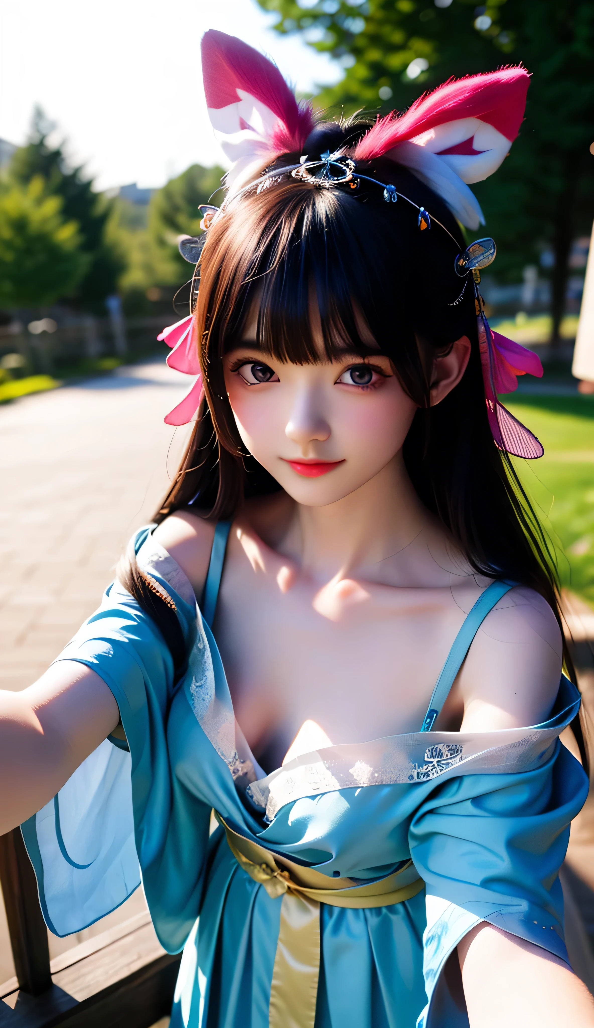 (8k, RAW photo:1.2), best quality, ultra high res,dramatic angle,(fluttered detailed color splashs), (illustration),(((1 girl))),(long hair),(rain:0.9), (Headdress:1.4),There is an ancient palace beside the girl,Hanfu,(Key Points),Color ink painting,(Splash of Color),Splash of Color,(((colorful))),(sketch:0.8) , Masterpiece, best quality, beautiful painted, highly detailed,(denoising:0.6),[splash ink],((ink refraction)), (beautiful detailed sky),moon,highly,detaild,(masterpiece, best quality, extremely detailed） CG Unity 8k Wallpaper，masterpiece，best quality，Ultra Detailed），（Lycoris）. hanfu open v   open V-chested clothes Thin silk lace dress , (huge ，cleavage),, white pink, blue ，best qualtiy，tmasterpiece，Ultra-high resolution，（Reality：1.4），RAW photogr，（True skin texture：1.3），（filmgrain：1.3），（Selfie angle），1个Giant Breast Girl，Beautiful eye and face details，tmasterpiece，Best quality at best，，The chest more exposed， detailed hair, bra pink , detail 8k, upper body, lace petticoat