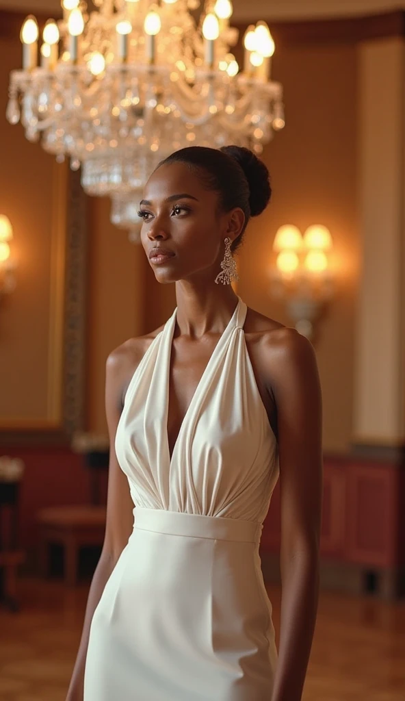 best qualityer, work of art, whole shot, ultra-detailed full body, Beautiful black female, perfectbody, skinny body, Sentada num restaurante elegante em um vestido longo branco com uma fenda e deep decoltes, Gemstone necklace, deep decolte, Flat Breast, cross legs, HDR, portraits, elegant pose, captivating eyes, long hair, fleshy lips, romantic lighting