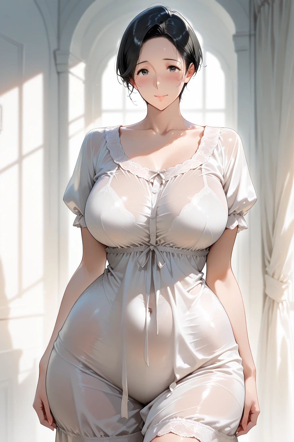 (masterpiece: 1.3, Highest quality, Ultra-high resolution, Very detailed), (Realistic, Realistic: 1.4), Beautiful illustrations, Perfect lighting, Natural light, Depth of the Boundary, Beautiful detailed hair, Beautifully detailed face , Beautiful details, Beautiful clavicle, Beautiful body, beautiful 胸, Beautiful thighs, Beautiful feet, Beautiful Hands, Displaying the viewer, 1 Girl, Very cute girl,(Perfect Anatomy, Anatomically correct), Cute and symmetrical face, Baby Face, Perfect Face, Perfect Eyes, Shiny skin, ((Short black hair)),((Parted bangs)), Long eyelashes, (Very impressive large breasts),juicy thighs, Attractive thighs), (Beautiful cityscape seen from the large windows),((Bedroom、Blurred cityscape seen through a large window)), (Cute Smile, Upward glance, Lips parted), ((transparent white bra)),((Transparent white panties))、((See-through lingerie:1.5))、Cowboy Shot、nsfw