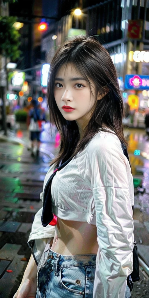 masterpiece, best quality, ultra-realistic, cute young woman, Korean idol, heart-shaped face, large almond eyes, silky black hair, small rosy lips, smiling and standing confidently, cleavage, wearing a black t-shirt, white striped bomber jacket, yellow and pink cargo pants, blue shoes, squat pose on a street, hands on knee, background in the middle of the road, lights city from a distance, wet roads, adding depth to the scene, soft ambient lighting, blurry, detailed facial features, soft shadows, 85mm lens, portrait photography.