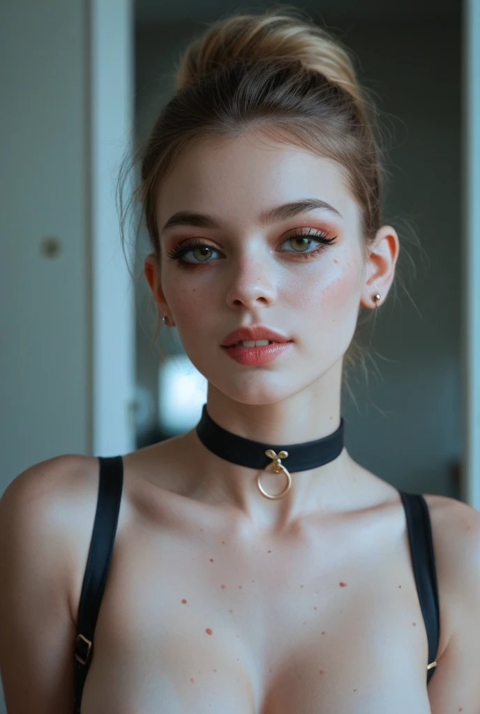Solo Girl,Alley,Bad Girl,Earrings,Punk Rock Fashion,Punk rock shirt with chain,Punk rock pants with chains,choker,(Moisturized and radiant skin,,),(Shiny silver and orange hair,Short Ponytail),(Princess face composition,Big eyes,Pointed lips,Red lipstick,Cute round face,A smile that makes people happy,blush with embarrassment,blush,),(Bold Pose,(8k quality,Tabletop,highest quality,Ultra-high resolution output images,),Intricate details,(Highly detailed raw photos:1.3),(Picture Mode Ultra HD),squat,The chest is visible,My chest is visible