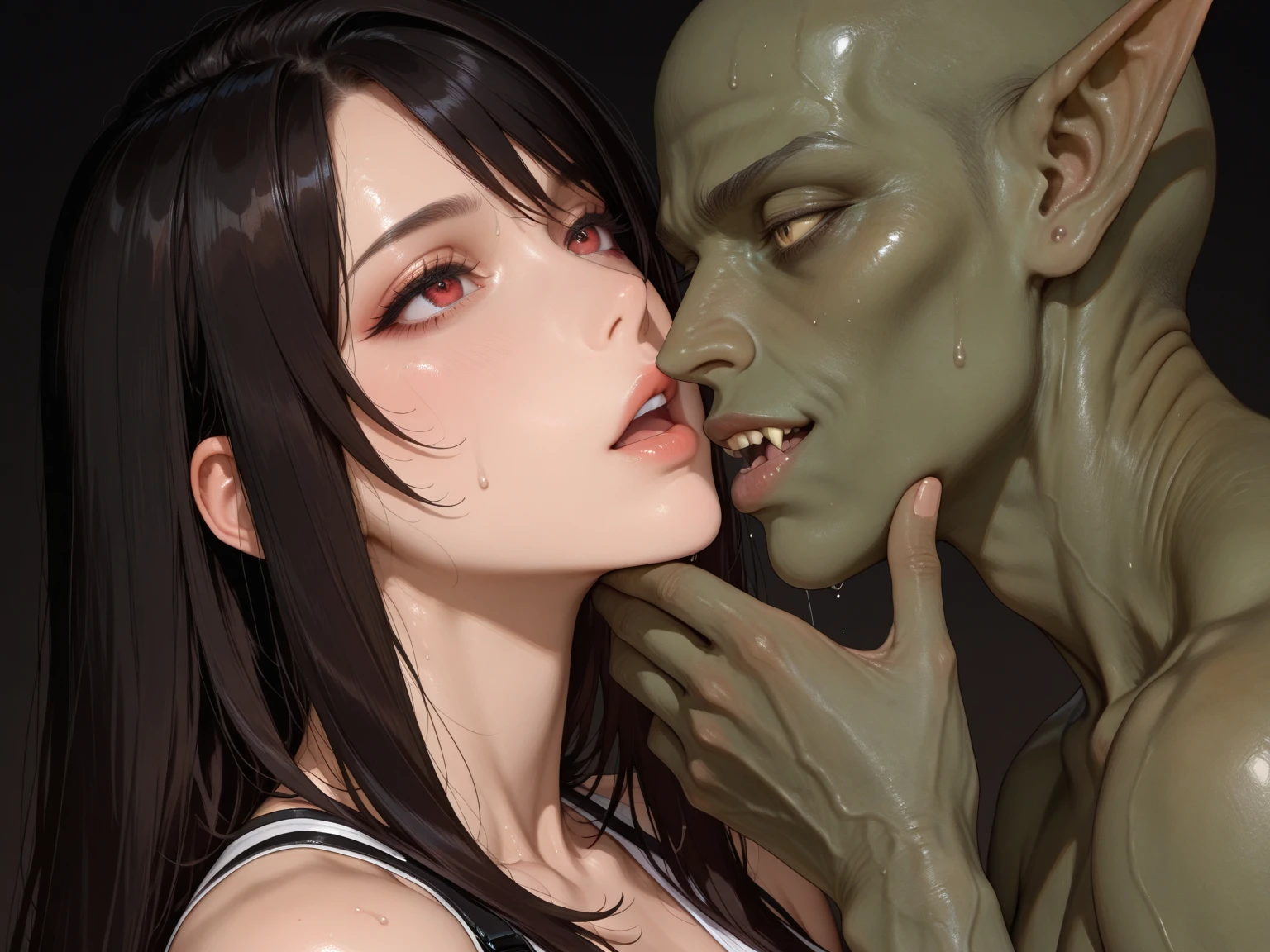 (Darkness in the cinema、Ultra-precision CG:1.2、Professional-looking light source、amazing shading、darkness、dynamic angle、I want to prevent the collapse of the human body、Perfect limbs、face perfect)、(masutepiece:1.2), (Best Quality:1.2), (Extremely detailed:1.2),((1girl in、maturefemale、Narrow-eyed、Slender eyes、shinny skin、red blush、Light wavy dark brown hair, Brown-eyed))(top-quality, 8K, 12), huge-breasted, the perfect body, ultra detail face,(masterpiece)), ((Top image quality)), (The ultra-detailliert), ((shibari、Oak's big penis:1.2、the orc penis:1.2)), 4K, top-quality, (Beautiful fece),((World-class quality)), (Detail Shading Pretty Face), ((droopy chest))), (Thick tentacles on the background、Desolate cave prison、Dim prison、Dim Dungeon、Background filled with tentacles)、((Colossal tits:0.8、(beutiful breast:1.2、Detailed nipples、large areola、Beautiful areola、nudde、toppless、bottom less、perfect bodies、Collar with chain、Woman Sex With Tentacles、A woman is sucking tentacles、A woman is tentacles、Woman is holding tentacles between her breasts、Wrist tied to tentacles,tentacle bound arms,Legs tied to tentacles、(Thick and long tentacles)、Tentacles that bind all over the body、Tentacles binding the chest)))、((orczor、green skin、grease、fat man、Big penis:1.2、rough sex、gang-rape、ssex、SEX,and, srestrained, Black Band、Chained, Oaksol))、 Deep penetration,Perspective, zoomed in, multiple boy, prisoner, masterpiece, Best Quality, Highly detailed、(Multiple Man Orcs、Orcs and women having sex、A woman is sucking an orc's penis、orc's thick penis、Woman holding an orc penis between her breasts、An orc is rubbing a woman's chest、Orc is grabbing a woman's chest、Thick white liquid dripping from woman's nipples、fellatio、deepthroat、irrumatio、wet、cum overflow、cum on body、Random angles coming soon