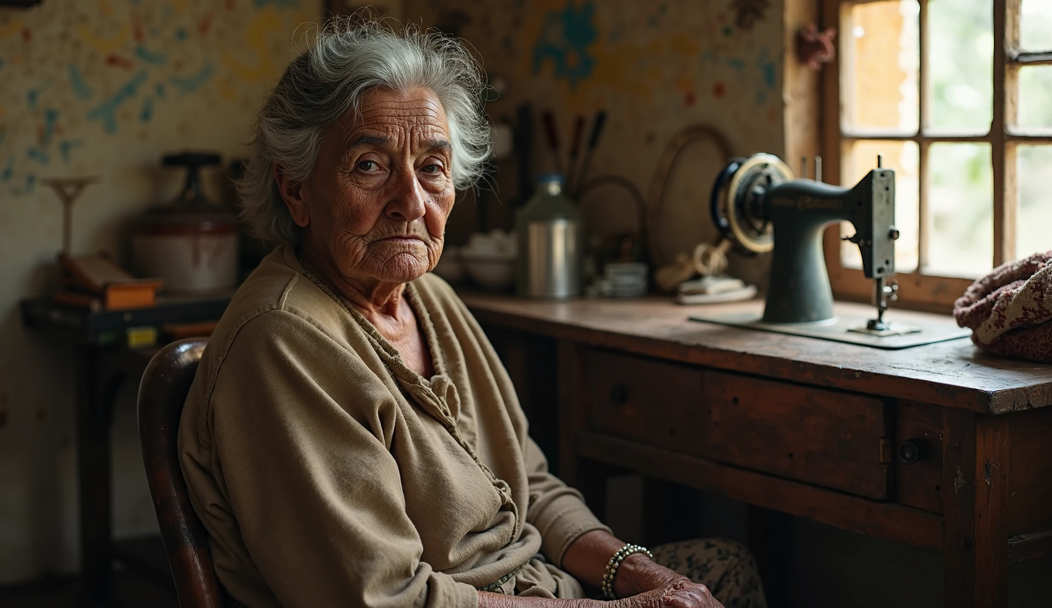 A digital art of an elderly person, with wrinkles and tired eyes, undergoing a medical evaluation to ascertain if she is depressed. Color palette should include shades of grey, blue and white. The person's age is around 80, has white hair, styled in a short, messy hairstyle, and has a solemn expression. She is wearing a white hospital gown and sitting on a chair in a clinical setting, with various medical equipment visible in the background. The background should include a detailed depiction of the room, with hospital beds, a computer, and other clinical devices. The person should be shown with his head down, holding a clipboard, by Edward Hopper, masterpiece, extremely detailed. 