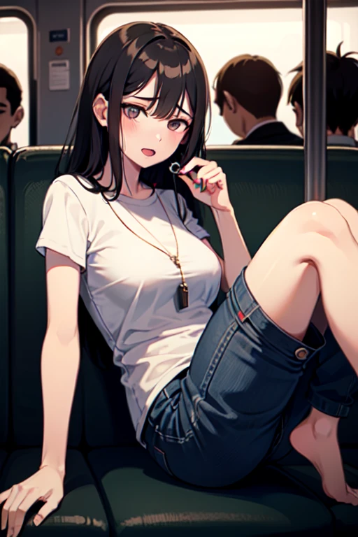 This illustration depicts a cute girl going on a holiday outing. She is in her twenties and has bright eyes. The location is inside the train. However, the most noteworthy thing is the "last mysterious high-energy body" she emits. This energy body released from her body has the power to annihilate the garbage in the sky. The blue-white light reaches every corner. He is sitting and dozing, and is wearing boyish clothes. It's summer and it's very hot.
