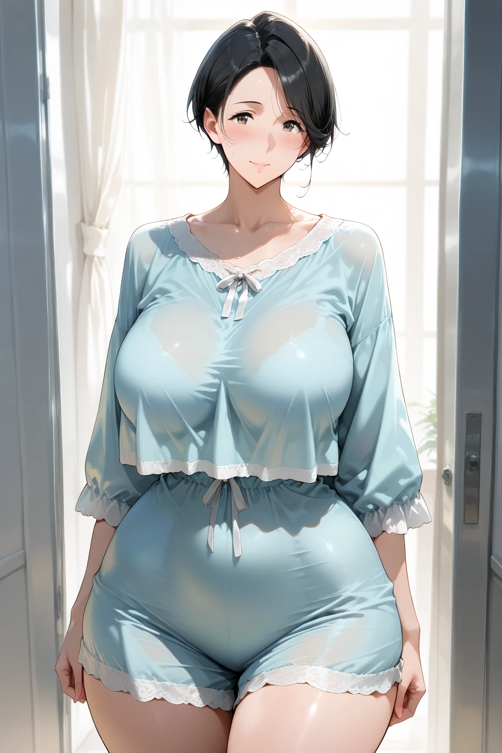 NSFW、独奏、Stand with your legs spread wide、Beautiful thighs、female teacher、White dress white、Round neck dress、Gold Necklace、Big Breasts、Bare thighs、Big Breasts、Beautiful and fair、Glowing Skin、3 Up、Gorgeous and bright、Refreshing and gentle look、Perfect beautiful face、Beautiful shiny bangs、Mature adult woman、eyeliner、So perfect eyes、Very large breastuscular body、(Kyoto Animation Style、Dark blue shorthair、(Dark blue hair:1.7)、Blunt bangs、Hair between the eyes、Clear Eyes、Dark Eyes、Black-rimmed glasses)、lips、lipstick、A seductive smile、Floating Hair、mole、(cheekbone:1)、(目の下のmole:1.2)、)、high school、classroom