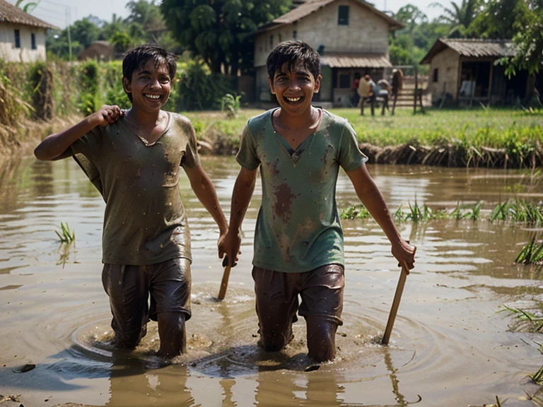 Two children playing water in the river at countryside Thailand