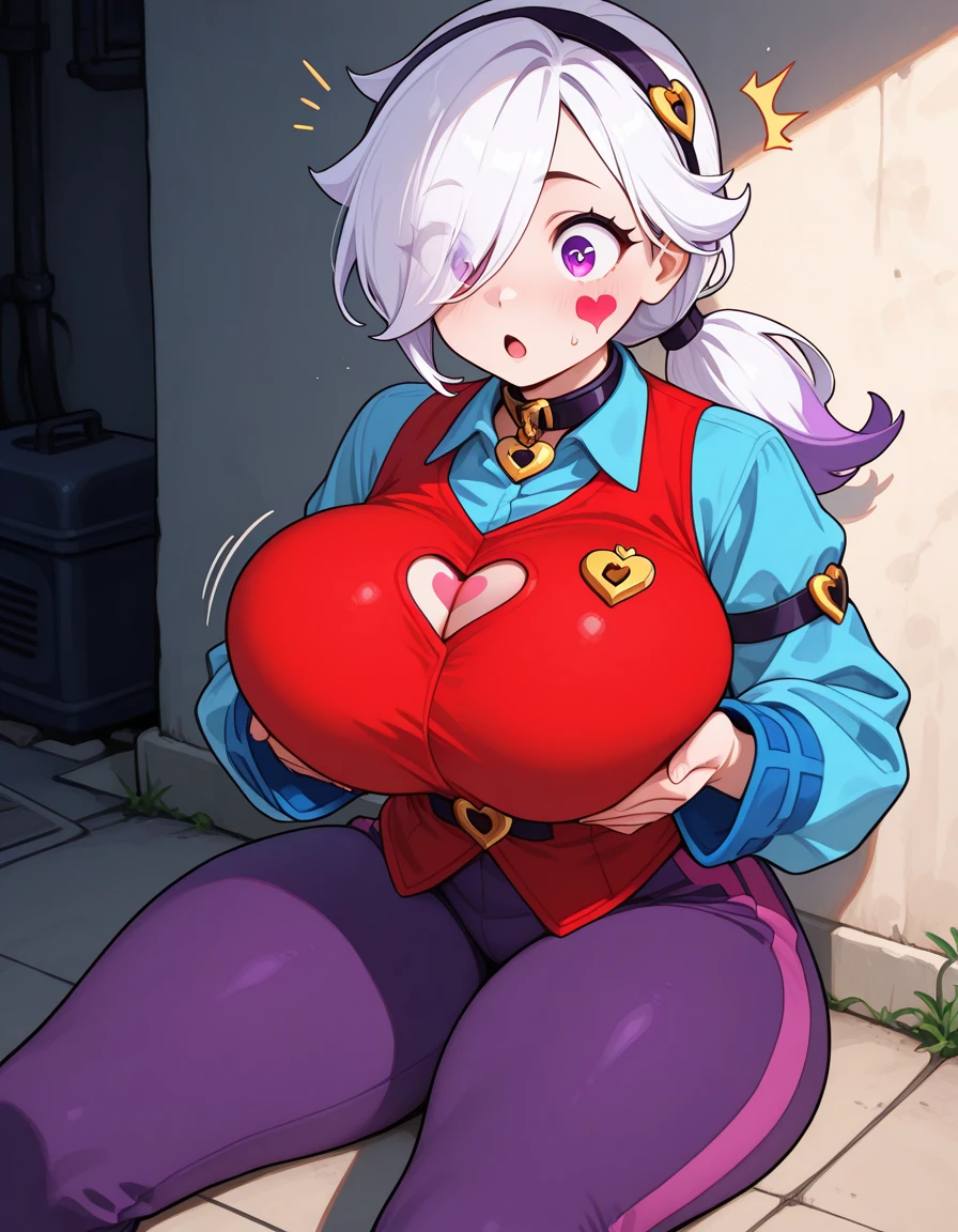 1girl,heart-shaped pupils,fingernails,hands on own face,white hair,purple eyes,(blush:1.1), 19 years old, large breasts, triple D cup breasts, round buttocks, bubbly buttocks, wide hips, bubbly ass, choker,upper body,trembling,sweat,sweatdrop,heart,(speed lines:1.1),large breasts, ((heavy breathing:1.3)), love, heart, crop top, happy, smile, full body shot