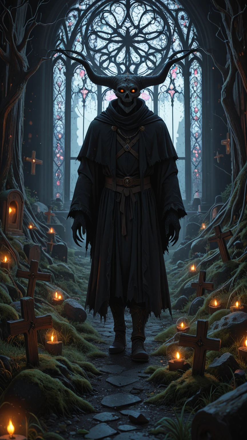 ((masterpiece)),((best quality)),((high detail)),((realistic,)) ((ultra detailed)) a dark being with skeletal appearance, skull face, wearing poncho, medieval area, abandoned medieval city, ruins, destruction, drama, horror, sinister environment.