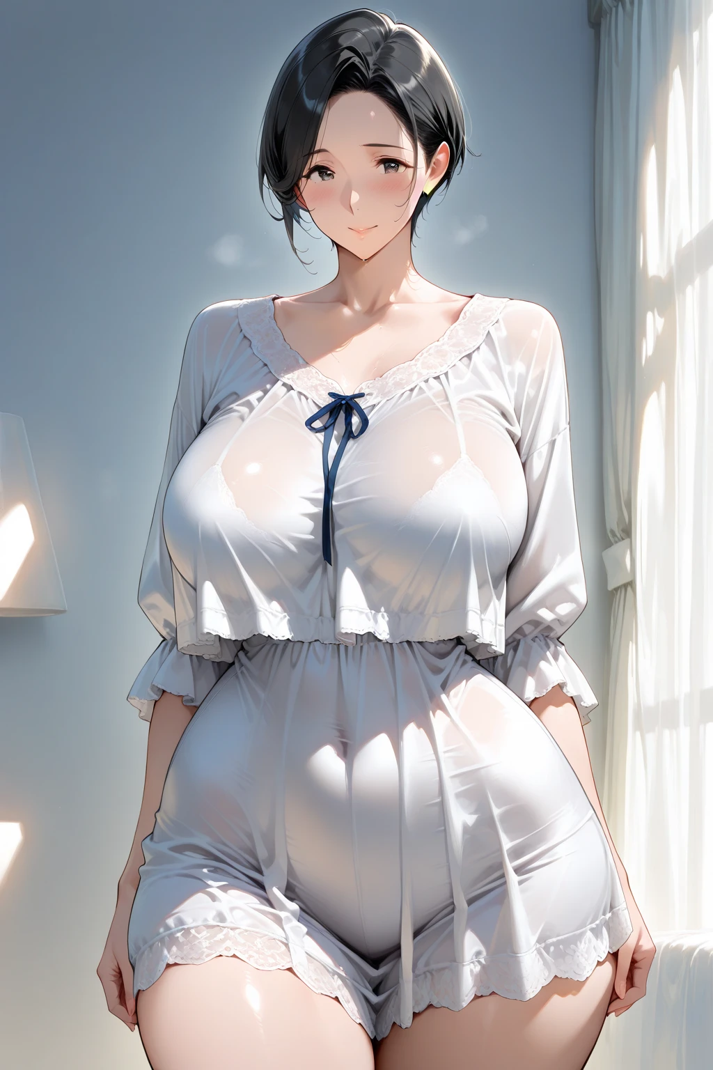 ((((masterpiece, best quality, high resolution)))), (1girl:1.5), ((short silky hair, black hair, blue eyes, sharp eyes)), (average breasts:1.2), blush, (cheeky smile, parted lips), glow, thighs, bare shoulders, collarbone, narrow waist, (slender body figure), (beautiful detailed face, beautiful detailed eyes), ((white satin nightgown, thin material)), (standing up), looking at viewer, nighttime, bedroom, (nsfw:1.5), (drenched with thick cum, cum on face, cum on breasts)