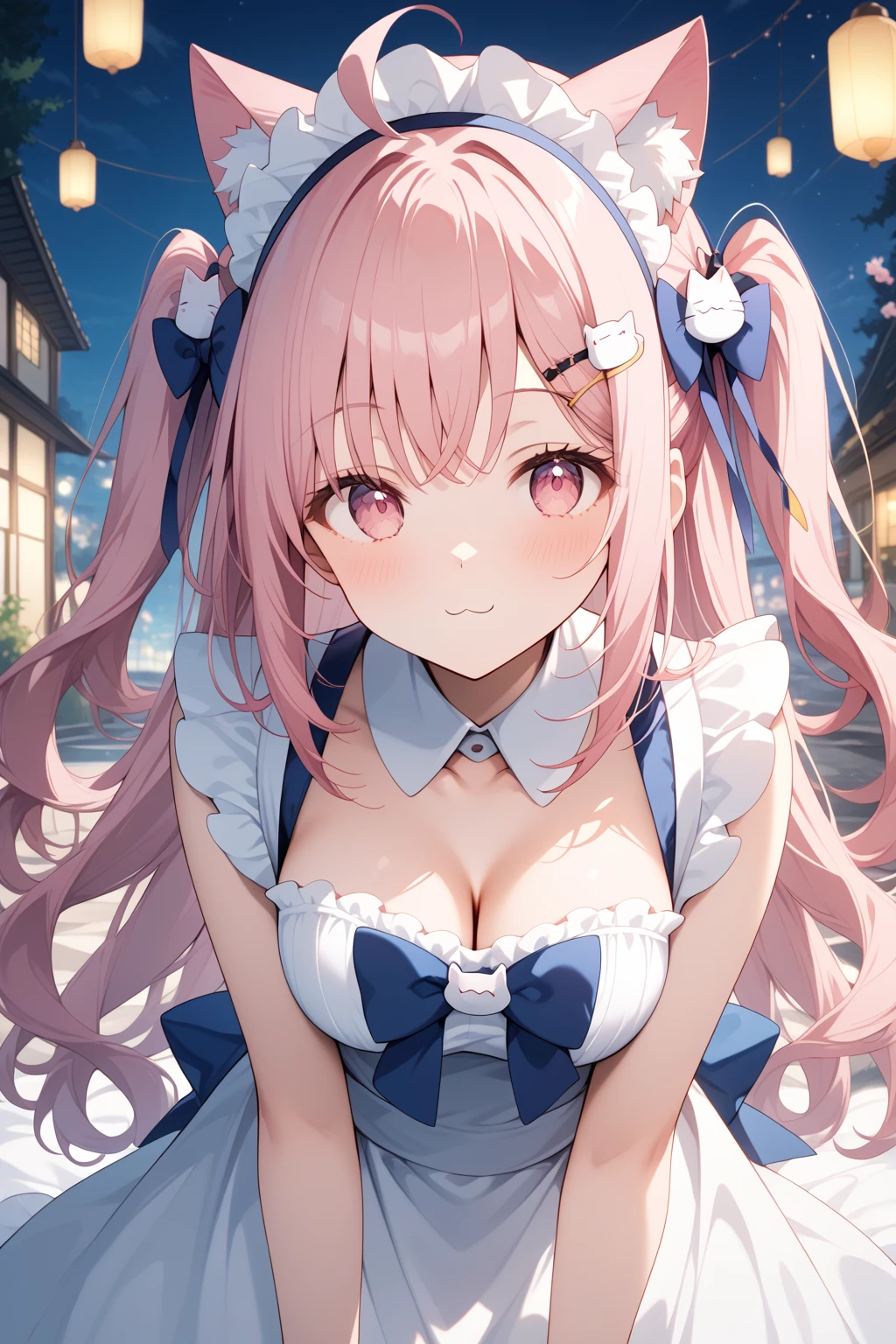 メイド、dynamic pose、pink hair, aaaqua, Twin-tailed, Maid headdress, cleavage, Short sleeves, Wrist cuffs ,Bakua, White jacket, Long sleeves