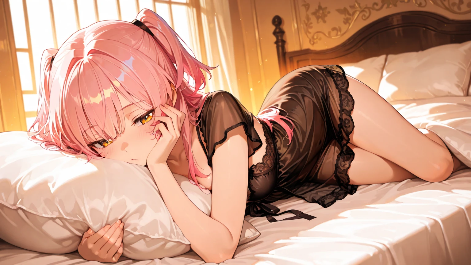 ((Highest quality,4K,8k,High resolution,masterpiece)),whole body,sexy,Landmine look,Lolita,Long and colorful hair,bed,Beautiful, lustrous, long eyes,garter belt,first round