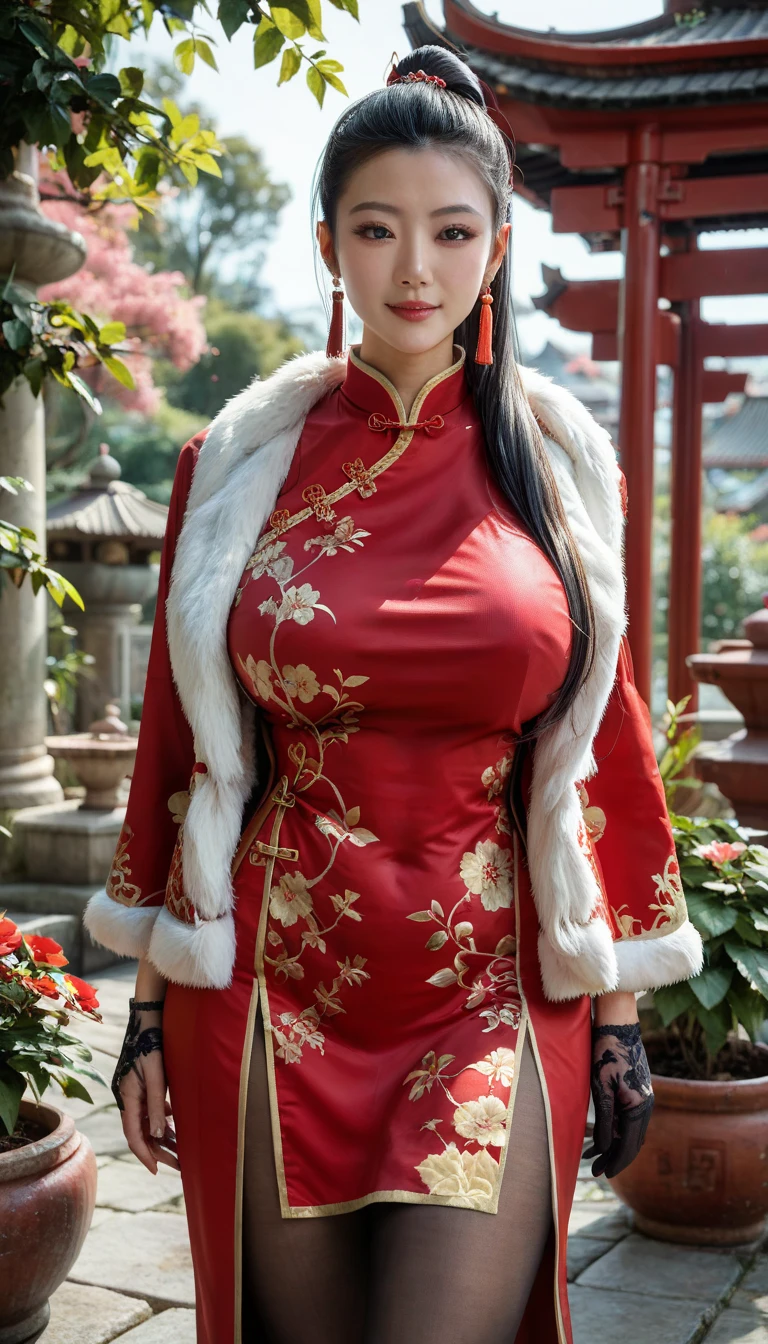 night,1girl,(hat:1.2),jewelry,earrings,outdoors,(huge breasts:1.1),(nipples:1.1),red,realistic,blurry background,looking at viewer,<lora:Hmong_costume_Red_XL_V2:1>,wet,dynamic pose,