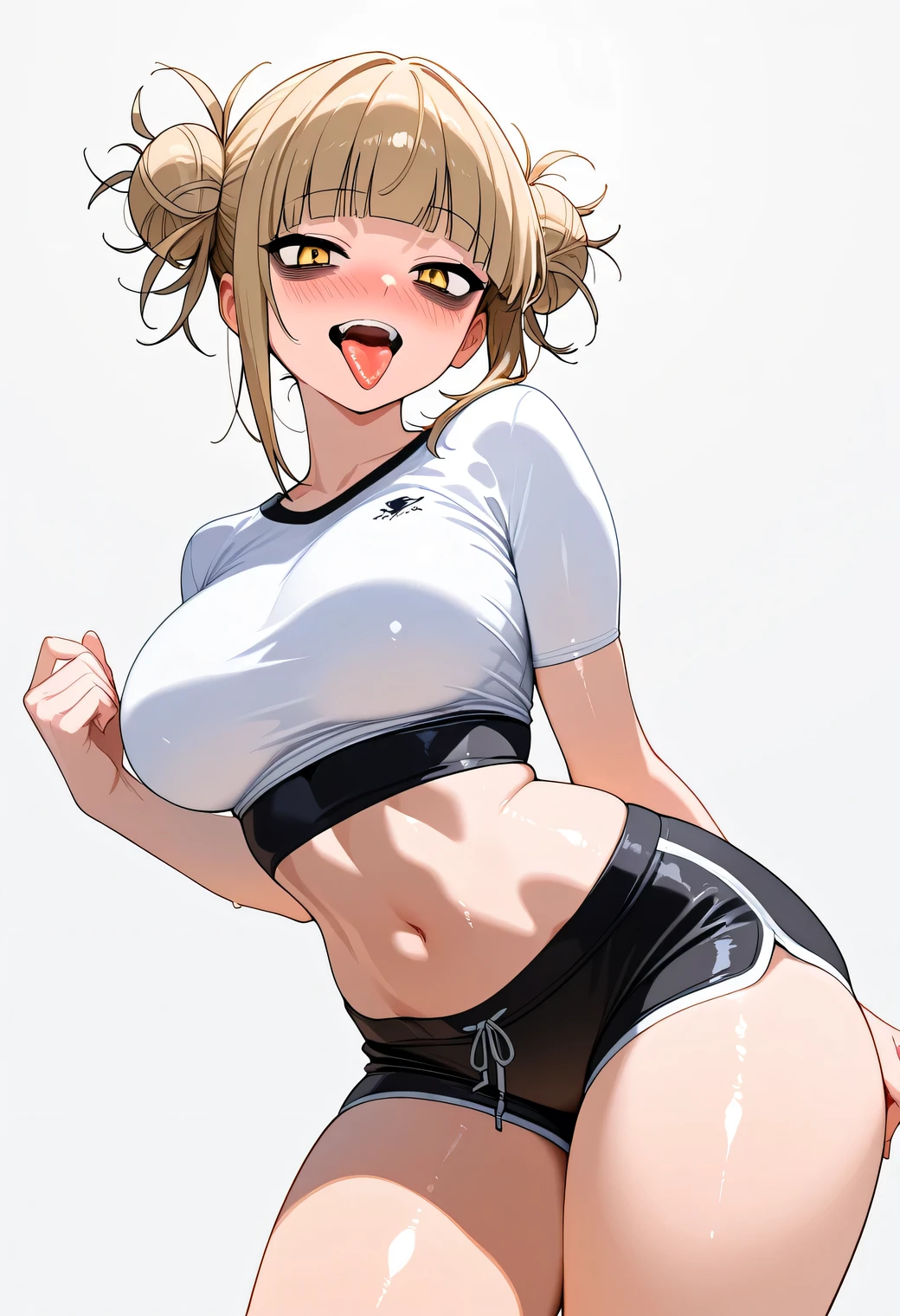 score_9, score_8_up, score_7_up, score_6_up, score_5_up, score_4_up, masterpiece, high quality, BREAK, 1girl, 1girl, white background, simple background, bags under eyes, standing, nice legs, looking at viewer, nose blush, shiny legs, shiny body, shiny hair, clear skin, clear body,, solo, thick thigh, thick thighs, solo, female, large breasts, toga himoko, blonde hair, yellow eyes, blunt bangs, double bun,., shiny skin, shiny hair, shiny body, clear body, sticking out tongue, wearing a tight black crop top and black athletic shorts with white trim, holding her breast playfully, toned body, teasing pose