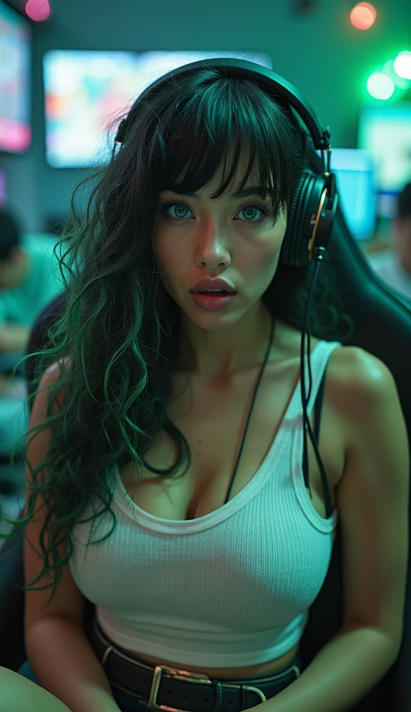 a mermaid disguised as a human,radio host,night time,radio station on top floor of tower in pacific northwestern woods,highly detailed,cinematic,dramatic lighting,fantasy,photorealistic,8k,ultra-detailed,masterpiece,realistic,vivid colors,beautiful face,detailed eyes,detailed lips,long eyelashes,beautiful skin,elegant expression,warm lighting,cozy atmosphere,detailed interior of radio station,sound equipment,glowing monitors,books and papers,potted plants,wooden furniture