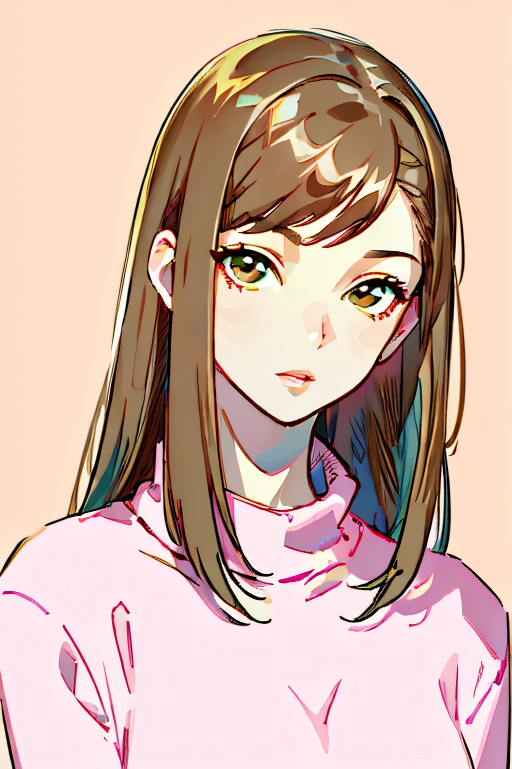 Girl, Long dark brown hair, light brown eyes, sharp features, white skin, pink lips, Perfect, elegant looking, wearing a sweater, bright colors, high quality resolution.