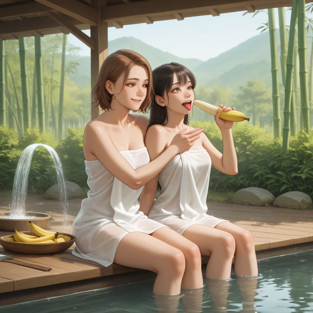 Japanese girls in transparent underwear bathing with two bananas in their hands