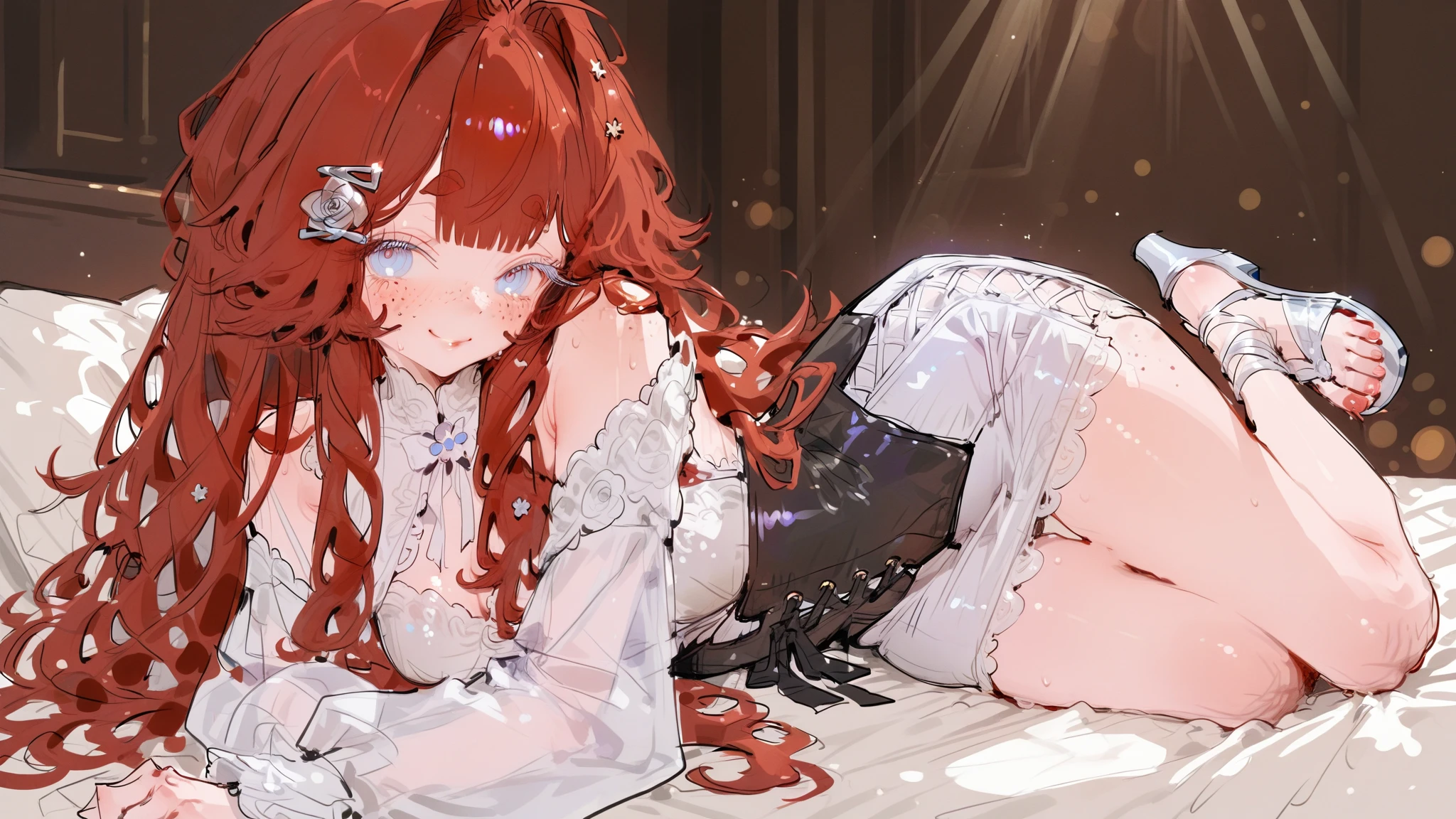 Highest quality, masterpiece, figure, wallpaper,One girl,White shirt, Light Hair, Beautiful detailed girl, Highly detailed eyes and face, Beautiful attention to detail, Shine,Browsing Caution, View your viewers, bed, night, Black Pantyhose, Straight hair, Red Eyes, long hair,Red Hair, thick_Thighs, Large Breasts, Red eyes,beautiful finger, clear background, deep night, Lying down、smile、Big earrings、bracelet、Gal