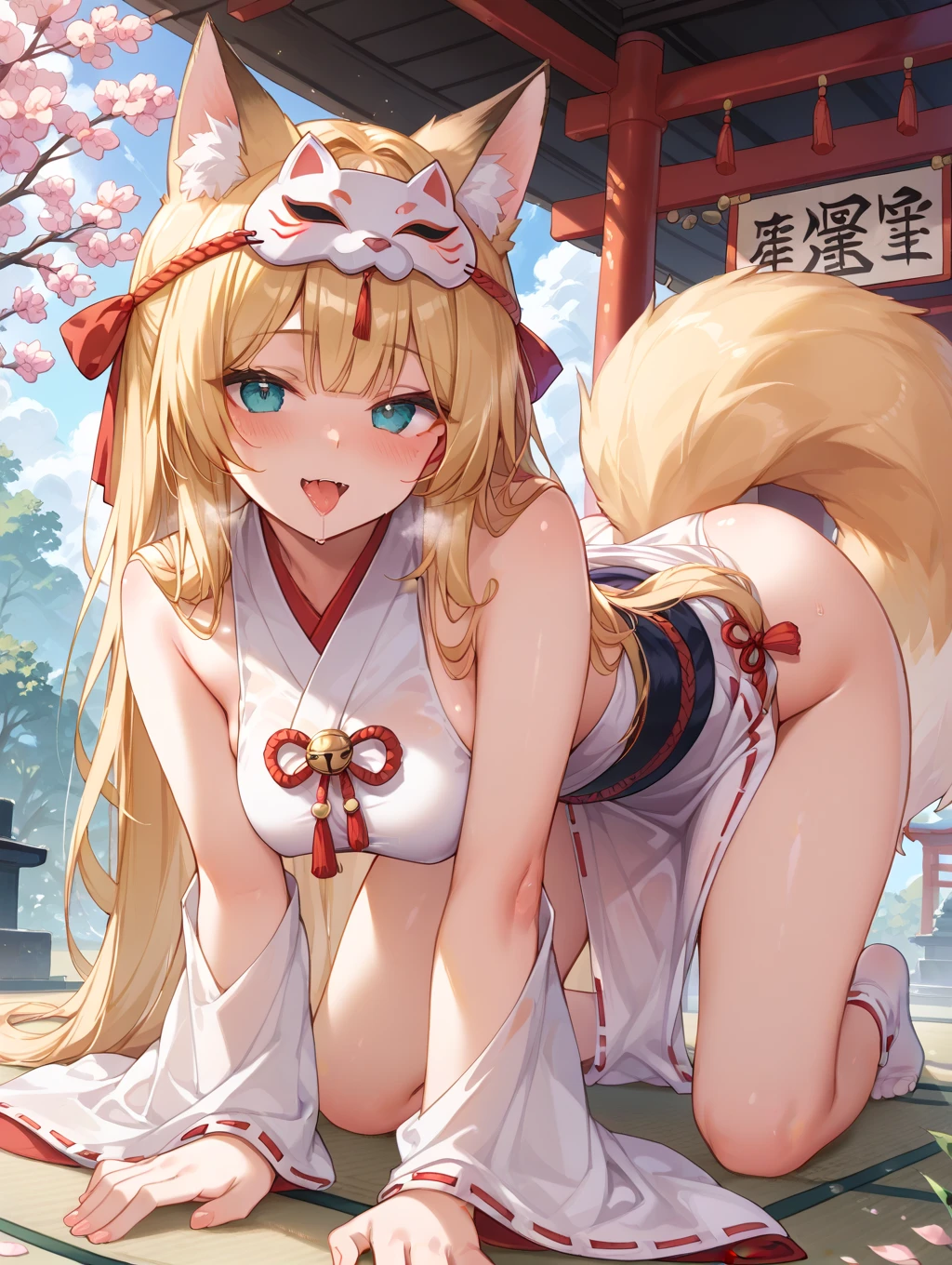 masterpiece, Highest quality, Miko costume ,yellow fox girl,Yellow Eyes,{Dark Skin} , (tiny chest:1.3) ,Glowing Skin,Embarrassing,Open your mouth,blonde,Long Hair,,Outdoor,Covered, Are standing, Japanese Shrines, nsfw