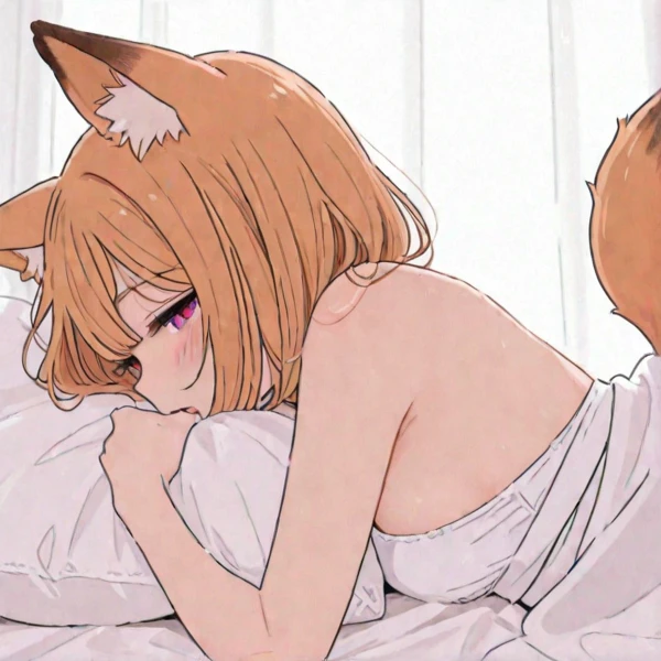 anime screencap, 1girl, long hair, breasts, blush, smile, short hair, bangs, large breasts, brown hair, black hair, 1boy, animal ears, brown eyes, medium breasts, closed mouth, tail, closed eyes, yellow eyes, hetero, nude, sweat, lying, shiny, indoors, orange hair, looking at another, shiny hair, collar, from side, groin, orange eyes, shiny skin, pillow, completely nude, hug, bed, sideboob, profile, bed sheet, on bed, from above, on side, happy, sleeping, couple, breast press, dog ears, hand on another's head, dog tail, fantasy, blanket, dog girl, black collar, shoulder blades, under covers, animal collar, floppy ears, convenient arm, naked sheet, cuddling, afterglow