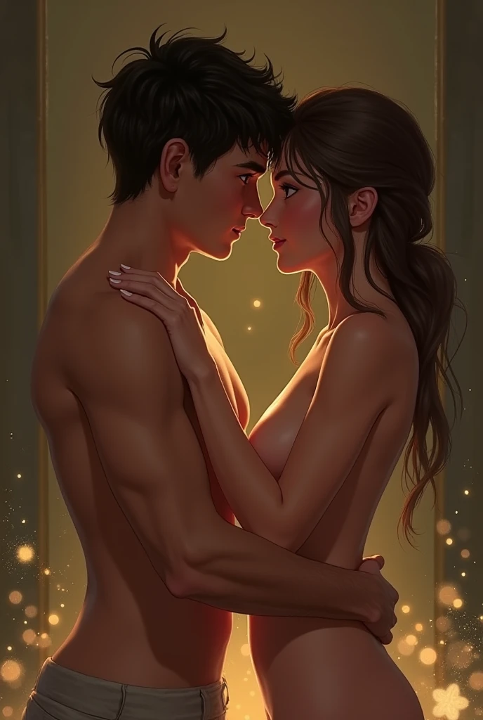 High-quality images of couples: blond man (Tall、Statue-like、Handsome and、Brave young man、Blue eyes、Curly golden hair、Wearing a grey antique military uniform) A woman with black hair (long straight black hair、Long Bangs、Blackberry eyes、A beautiful young femme fatale、naked、PRİNCESS、Hugging。They are in love with each other。Created by Boris Vallejo「Ideal Anatomy」The sketch of、It is characterized by being very detailed.。masterpiece、Detailed study of the face、Beautiful Face、Features of Beautiful Face、Perfect Image、Realistic shots、Detailed study of the face、Full body image、8k、Detailed Images、Highly detailed illustration、A true masterpiece of the highest quality、Careful drawing。Bare Skin、Gown and naked watercolor、
Watercolor Gothic、Romance Black Panties、

Large drops of sweat、Dripping Sweat、A look of ecstasy as she spreads her legs wide、Intense love, intense pose、