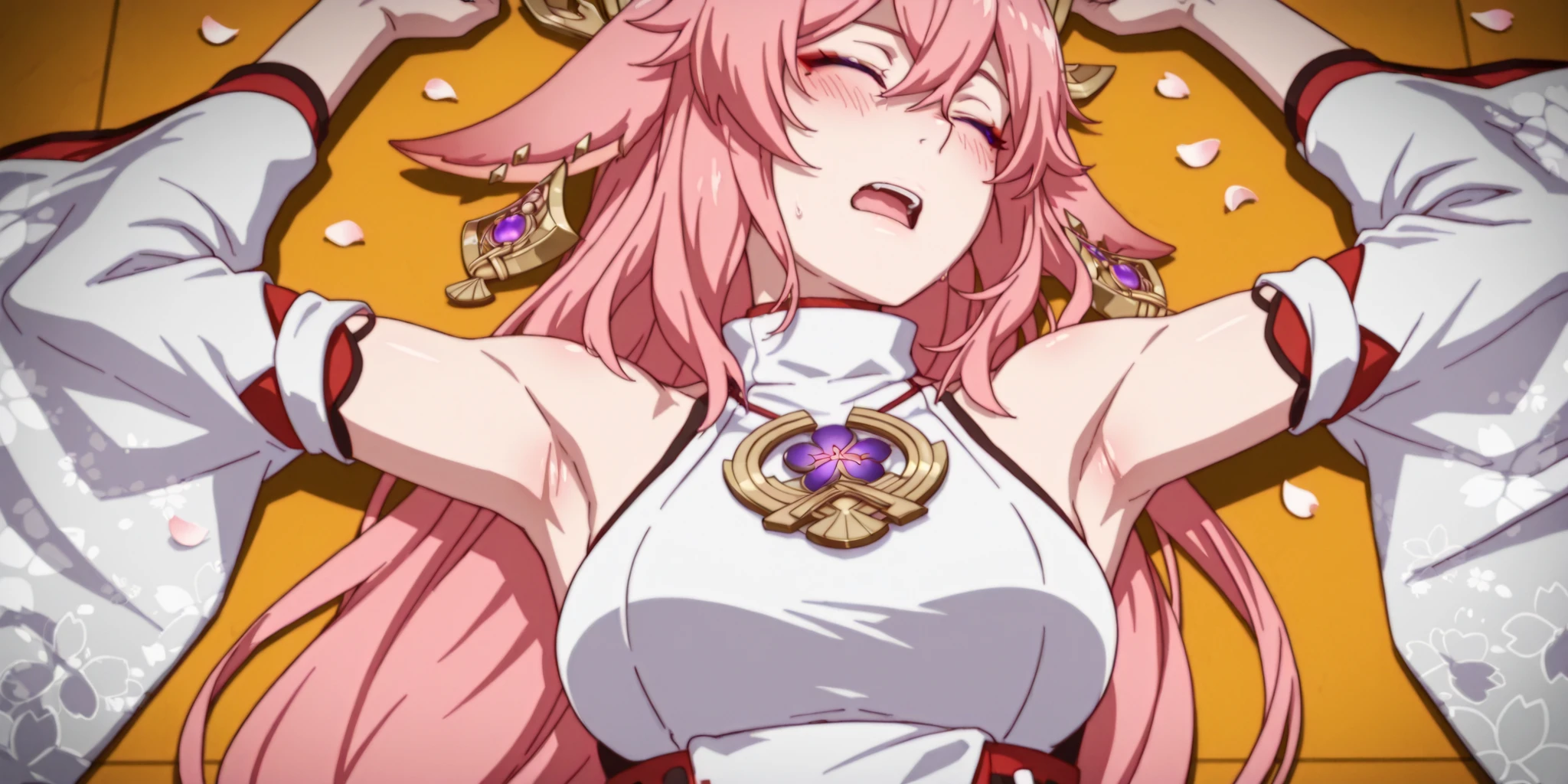 masterpiece, best quality, amazing quality, anime coloring, 1girl, solo, zzYaemiko, purple eyes, hair between eyes, hair ornament, long hair, low-tied long hair, pink hair, animal ears, fox ears, bare shoulders, jewelry, earrings, medium breasts, detached sleeves, japanese clothes, long sleeves, wide sleeves, blush, (frontlighting:1.1) under the cherry try, flying petals, Raise arms straight up over head, armpit, head towards viewer, front light, skindentation, armpit focus, hurt face, closed eyes, half open mouth, Lie on the floor, simple background, cutout, exposed armpit, faint, she lay unconscious, mouth slightly open,