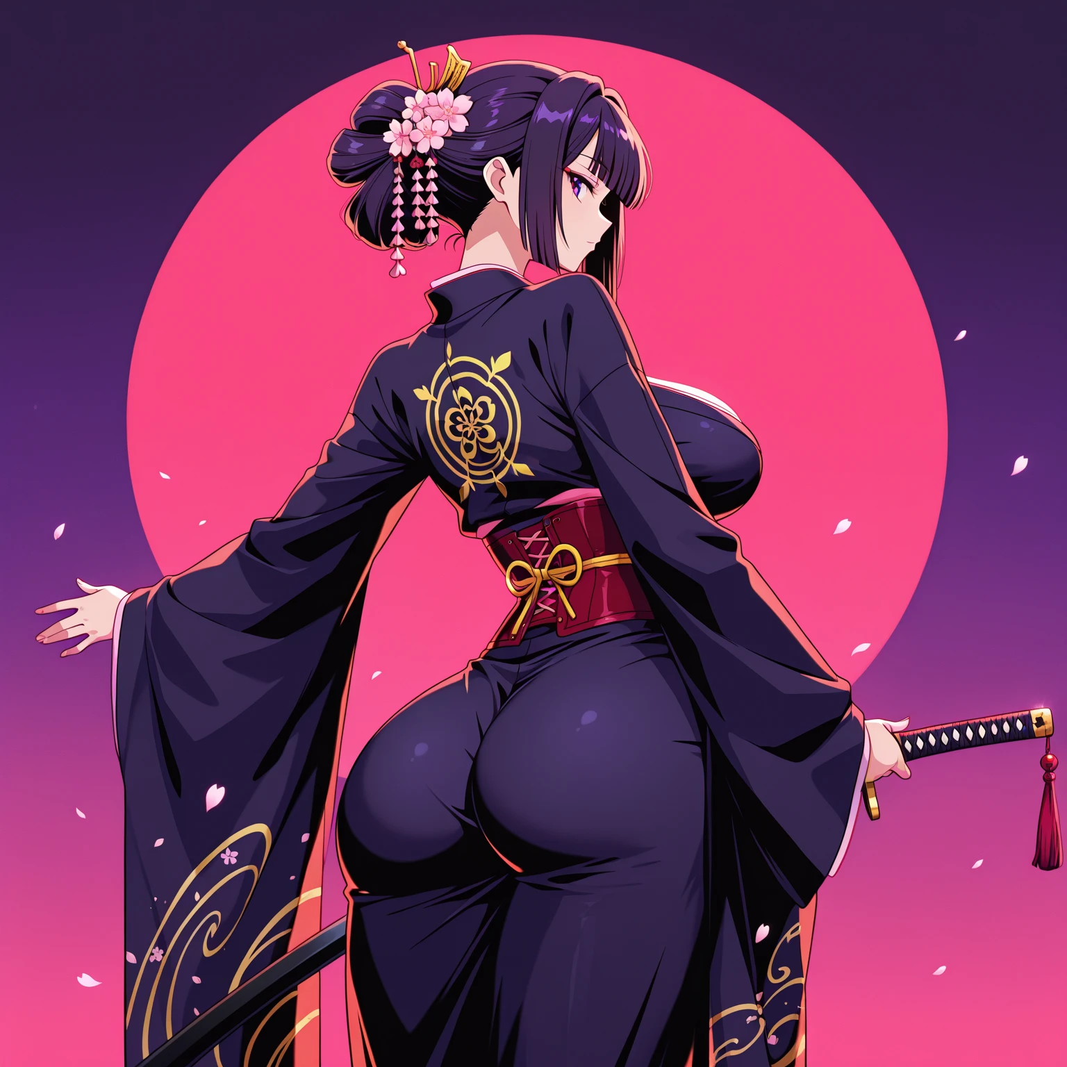 Anal from behind, Kimono, Huge ass, Black hair, Emphasizing the ass, Naked lower body, Pubic hair, Masterpiece, Ultra high quality, Ultra high quality, Opening the anus with hands